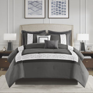 510 Design presents the Powell 8 Piece Embroidered Comforter Set to elevate your bedroom decor. This hotel style comforter features an embroidered and pieced border for a sophisticated and elegant design that easily coordinates with your space. The matching pillow shams also flaunt beautiful embroidery details. A solid bedskirt and 2 decorative pillows with embroidered details add the finishing touches to this hotel style bedding set. Hypoallergenic polyester filling in the comforter and pillows contains no allergens and is treated to be dustproof. Machine washable for easy care