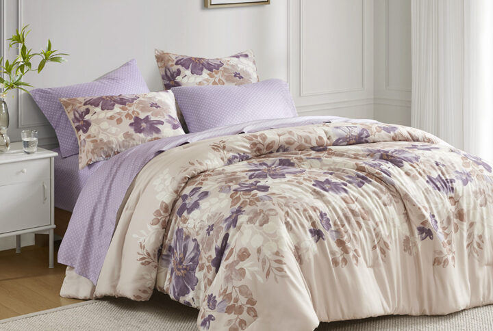 Create a calming oasis in the bedroom with the Madison Park Essentials bed-in-a-bag. This beautiful comforter set features a purple