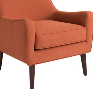 this chair is upholstered in a soft burnt orange fabric that adds a light contrast to the room decor. The frame is composed from select hardwoods and plywood and is elevated on smooth tapered wooden legs in espresso finish. Removable cushion