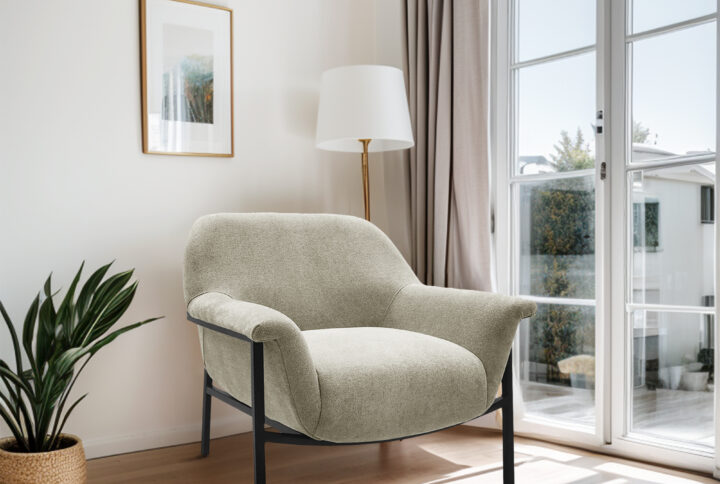 Indulge in comfort and support with the Chapel Hill Beige Sabrina Metal Leg Accent Chair. Covered in a regal beige upholstery