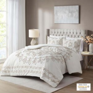 The Madison Park Violette 3 Piece Tufted Cotton Chenille Comforter Set offers a globally inspired update to brighten your bedroom decor. A large tufted chenille medallion is displayed in the center of the comforter