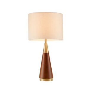 Simple architectural shapes in a pecan finish with gold accents will add style to your mid-century setting combined with the white linen shade.