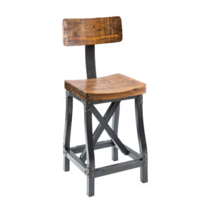 the industrial look of this stool will create a bold statement to your decor. Constructed from solid wood the seat and back is finished in an amber hue. The base is finished in graphite metal to mimic a metal texture