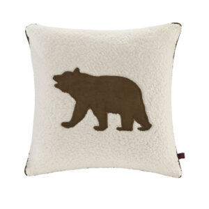 “Accent your home with the Woolrich Bear Square Berber Pillow. An applique brown bear on the face of this decorative pillow is surrounded by soft berber and reverses to a faux suede for a cozy look. The square pillow features a zipper closure that allows you to remove the cover. Filled piping on the edges creates a seamless look that adds charm and texture to your sofa or bed.”