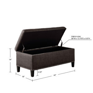 This modern storage ottoman accentuated with tufting provides ample storage and features an elegant grey linen fabric with black noir legs. Assembly required.