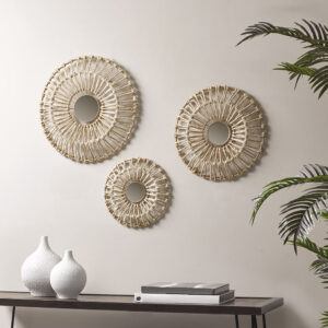 Accent your home decor with the natural boho touch of our Madison Park Ella Round Natural Fiber and Mirror 3-piece Wall Decor Set. This 3 piece wall decor set features round iron frames wrapped in natural corn husks to create a unique and fresh look. Each wall decor comes in a different size with a mirror center and a keyhole hook fixture to make them easy to hang. Display this modern boho wall decor together or separately in your living room or kitchen to give your home a one-of-a-kind stylish update.