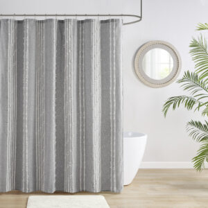 The INK+IVY Kara Cotton Jacquard Shower Curtain offers an eye-catching update to any bathroom décor. This 100% cotton shower curtain features a beautiful stripe jacquard detailing on a soft ground for a stylish and sophisticated touch