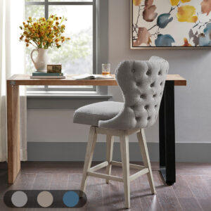 The Madison Park Hancock Swivel High Wingback Button Tufted Upholstered Counter Stool with Nailhead Accent complements any decor with its simple