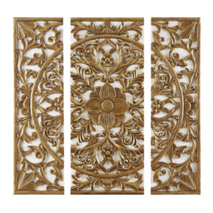 The Madison Park Gold Medallion Triptych 3-piece Dimensional Resin Canvas Wall Art Set brings a touch of elegance to your home décor. This wall décor flaunts an intricate 3D embellished medallion design