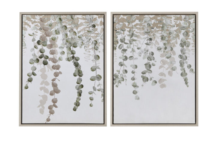 Add a touch of nature to your indoor decor with this set of two Eucalyptus framed canvas wall art set by Bella Dos Santos. The muted and calming color palette makes these pieces easy to complement any setting