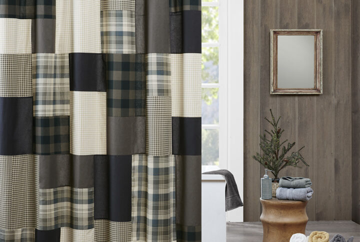 Create a striking look in your space with the Woolrich Winter Hills Collection. This 144 thread count light weight cotton shower curtain features several different plaids and solids pieced together for the perfect balance in this lodge look.