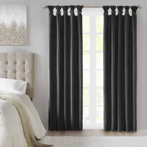 Energy efficiency meets a sophisticated style with the Madison Park Emilia Twist Tab Total Blackout Window Curtain. This window curtain panel showcases a DIY twist tab top finish that allows you to create an elegant display in your living room or bedroom space. The faux silk sheen base fabric features a 3 pass foamback liner on the reverse to block out all outside light