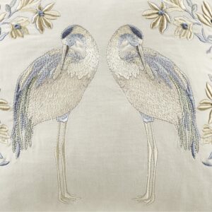 this embroidered crane-on-blossom pillow adds comfort and elegance to decorate your room distinctively and luxuriously. The soft cotton velvet base with top-quality embroidery embellished on the top is satisfying to the eyes and soft to the touch. It comes with a soft and plump removable white goose feather insert.