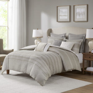 Carmel is an easy transitional jacquard duvet-style comforter set featuring  woven stripes on an linen ground for a relaxed look.  This bed set comes with 2 matching shams and 2 Euro shams (3 in King size) that layers beautifully with the lofty comforter. The three decorative pillows comes with removable covers for easy care and features a hidden zipper closures for a seamless look. Included in the set is a removable overfilled insert that is secured by inner ties and a hidden button closure. This bedding is made from a natural yarn and may vary slightly in color. Hypoallergenic polyester filling in comforter and pillows means it contains no allergens and is dust proof for additional comfort. See wash label for detailed care instructions for both covers and inserts.