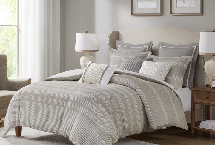 Carmel is an easy transitional jacquard duvet-style comforter set featuring  woven stripes on an linen ground for a relaxed look.  This bed set comes with 2 matching shams and 2 Euro shams (3 in King size) that layers beautifully with the lofty comforter. The three decorative pillows comes with removable covers for easy care and features a hidden zipper closures for a seamless look. Included in the set is a removable overfilled insert that is secured by inner ties and a hidden button closure. This bedding is made from a natural yarn and may vary slightly in color. Hypoallergenic polyester filling in comforter and pillows means it contains no allergens and is dust proof for additional comfort. See wash label for detailed care instructions for both covers and inserts.