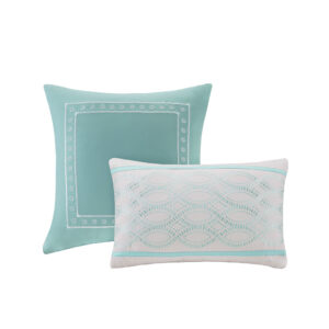 this beautiful comforter creates a soft contrast with a gorgeous aqua and grey color palette. The matching shams (1 for Twin/TwinXL sizes) echoes the elegant pattern seen on top of the bed