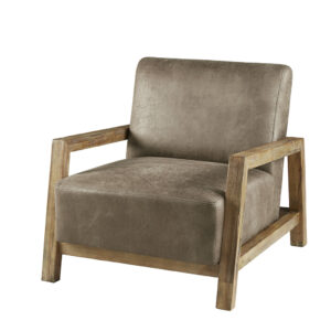 this accent chair features solid wood arms and frame with a reclaimed wood finish