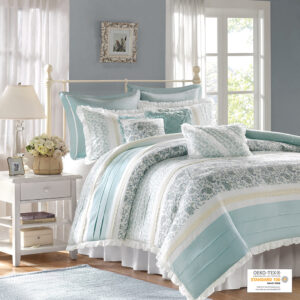 The Madison Park Dawn 9 Piece Cotton Percale Duvet Cover Set offers a shabby chic update to your bedroom decor. A paisley print is featured on the cotton duvet cover with pintucked fabric separated by lace taping embellishments. Around the edge