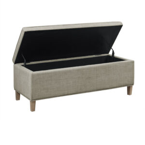 this storage bench has a lift top lid with ample storage space for blankets and other essentials. The solid wood legs feature a smooth grey finish to complement the upholstery and complete the chic transitional look. Leg assembly required and no tools are needed.