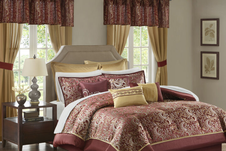 The Madison Park Essentials Brystol 24 Piece Room in a Bag provides a total makeover for your bedroom decor. This traditional comforter flaunts a red