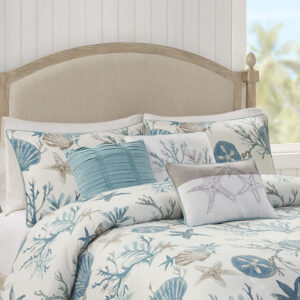 the Madison Park Pebble Beach 6 Piece Cotton Sateen Duvet Cover Set is perfect for you! This coastal duvet cover features all over printed shells