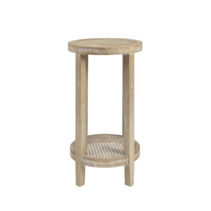 the Harley Accent Table provides a simple and charming addition to your home décor.  This round accent table features Ash veneer table top and lower rattan cane shelf creating a unique design. The diameter of this table is 15 inches and the height is 28 inches.  A reclaimed wheat finish on the wood frame and legs gives this accent table a natural allure that complements most decors.  This functional and practical lifestyle is evidenced in her thoughtfully appointed decor which embraces a neutral color palette that acts as a perfect backdrop to four seasons of color. Assembly required.