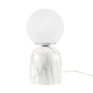 this modern table lamp brings a touch of personality to any room in your home. This accent lamp features a resin base elegantly handcrafted with a white and gray marbled pattern to create a luxurious marble-like look. The frosted glass globe shade softly filters the light to create a warm ambient glow