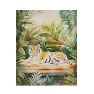 Elevate your space with the mesmerizing tiger canvas art by artist Rene Michel. This captivating artwork showcases a majestic tiger at rest on a blush bench amidst lush green surroundings. Ready to hang with a pre-installed Sawtooth hanger