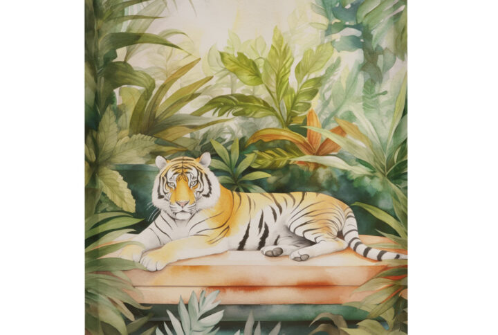 Elevate your space with the mesmerizing tiger canvas art by artist Rene Michel. This captivating artwork showcases a majestic tiger at rest on a blush bench amidst lush green surroundings. Ready to hang with a pre-installed Sawtooth hanger