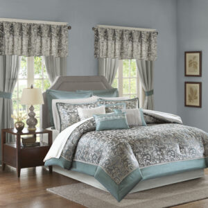 The Madison Park Essentials Brystol 24 Piece Room in a Bag provides a total makeover for your bedroom decor. This traditional comforter flaunts a teal and grey jacquard paisley pattern with an accenting solid teal border to create a luxurious glam look. Matching pillow shams and solid teal Euro shams with 2-inch flanges coordinate beautifully with the elegant comforter. A solid grey bed skirt and 4 decorative pillows with embroidery and pleating details add the finishing touches to this paisley bedding set. Hypoallergenic polyester filling in the comforter and pillows contains no allergens and is treated to be dustproof. A 4 Piece sheet set is also included to complement the comforter and complete the jacquard bedding set. To elevate your bedroom