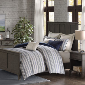 The Madison Park Signature Farmhouse Comforter Set sports a navy and ivory woven jacquard stripe pattern for a fresh update to your space. The versatile color palette works well in any style bedroom. The cotton blend comforter is oversized and overfilled to provide exceptional warmth and comfort with a removable cover that makes it easy to clean. Coordinating shams highlight the mixed weaves design on the top of bed