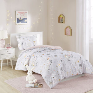 Create sweet dreams with the adorable elegance of the Mi Zone Kids Celia Starry Sky Metallic Printed Comforter Set. The girl’s comforter flaunts gold metallic stars and moons that sparkle against the soft fabric