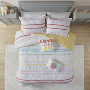 The Urban Habitat Kids Haisley Cotton Comforter Set with Chenille Trim brings a simple and charming update to your kid’s room. This cotton comforter features multi-colored striped chenille trim that creates dimension and a fun look. A solid yellow reverse adds a splash of color to the comforter. The 2 matching shams (1 in Twin) pair perfectly with the comforter