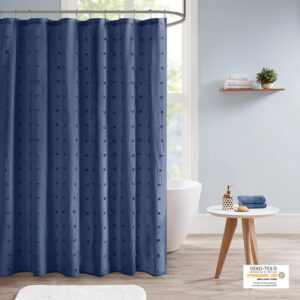 Create a shabby chic look in your bathroom with the Urban Habitat Brooklyn Cotton Yarn Dyed Jacquard Pom Pom Shower Curtain. This 100% cotton shower curtain features a soft indigo blue hue with an all-over pom pom tuft design that creates a beautiful texture and fresh tonal pattern. Measuring 70x72 inches