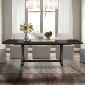 Bring your dining room and family together with the elegant traditional design of this extendable dining table. The solid wood veneer tabletop flaunts a beautiful and rich brown finish with a trestle style base to create a gorgeous refined look. Natural color variations will occur due to the nature of the wood