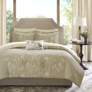 Madison Park Essentials Vaughn Complete Comforter and Cotton Sheet Set brings luxury and beauty to any bedroom. This taupe comforter is covered in elegant white and brown floral tree branches with subtle yellow details. This complete bed set includes matching shams