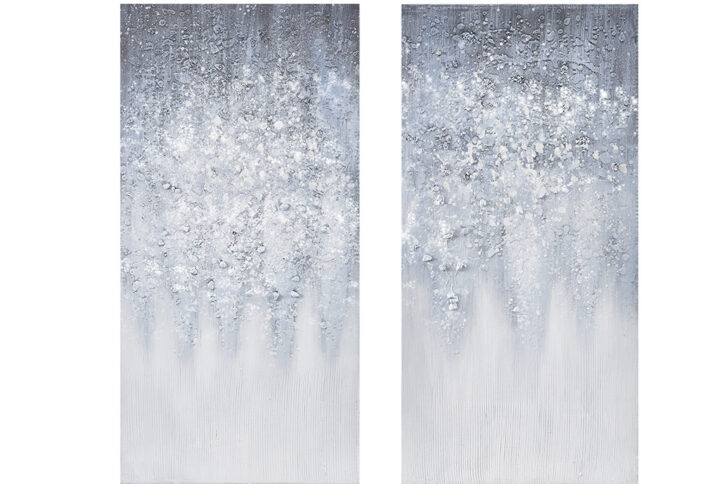 Accent your home decor with the modern allure of the Madison Park Winter Glaze Heavily Embellished 2-piece Canvas Wall Art Set. A heavy-textured abstract design