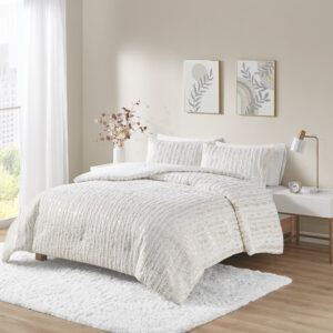 The Naomi comforter set features an eye-catching metallic design on soft faux fur that's sophisticated and modern. This soft white faux fur comforter adds sparkle to your bedroom with its metallic accents