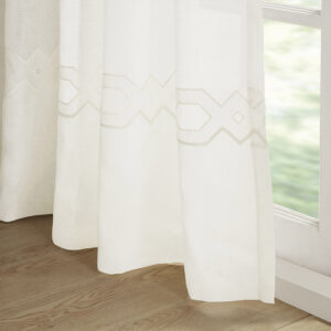 This soft and lightweight curtain has a linen-like feel to the touch and adds grace and charm to your home environment. The premium semi-sheer fabrication provides privacy while letting in lots of light and fresh air. The link pattern beautifully embroidered on the bottom elevates the texture and creates a subtle style to decorate your room in a classic and elegant way.