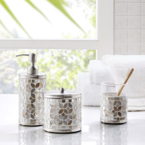 This timeless mosaic collection showcases hand-crafteded mosaic accessories to elevate your bathroom. The combination of champagne gold and silver stained glass in a floral motif reflects light beautifully and can be a luxurious centerpiece for bathroom decor. _x000D_