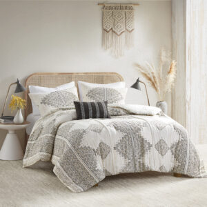 This soft microfiber artisan comforter set displays a printed global inspired design