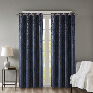 Give your home the lavish style and energy efficiency it deserves with the SunSmart Mirage Knitted Jacquard Total Blackout Panel. This elegant window panel flaunts a knitted jacquard damask design in a rich grey ground with navy burnout pattern