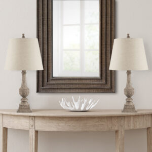 Experience timeless elegance with the Martha Stewart Lily Pond Collection: the Provencal Faux Wood Table Lamp Set is a true emblem of classic style with its refined turn and step details in a reclaimed grey finish. Crafted meticulously from resin