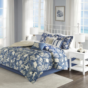 Refresh your bedroom with the coastal style of the Madison Park Cape Cod 7 Piece Cotton Sateen Comforter Set. A charming coastal motif and an elegant sheen adorn the blue comforter