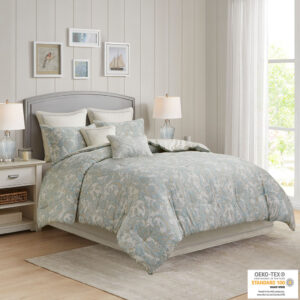 The Harbor House Chelsea bedding collection features a beautiful paisley print in soft blues and khaki on a soft ivory sateen fabric. Oversized and overfilled