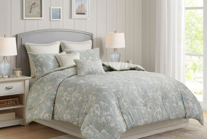 The Harbor House Chelsea bedding collection features a beautiful paisley print in soft blues and khaki on a soft ivory sateen fabric. Oversized and overfilled