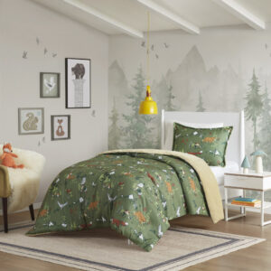 Let your kid snuggle up with their favorite forest friends in the Mi Zone Kids Heath plush reversible comforter set. The cozy comforter and matching shams (1 in Twin) feature a cute forest animal print that will make them feel like they're camping in the woods and the plush reverse is super soft and cuddly. The hypoallergenic polyester comforter filling contains no allergens and is treated to be dustproof so your child can sleep comfortably. Plus