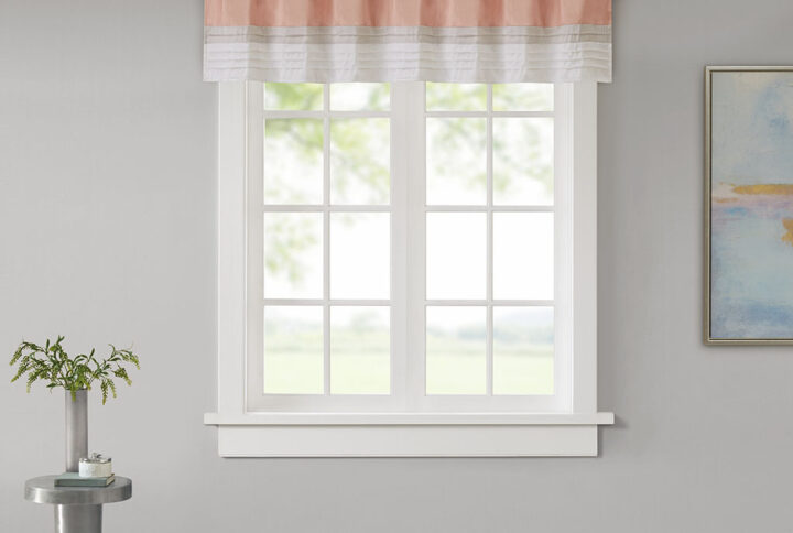 Amherst's modern color block design is a simple way to add style to any room. This window valance features color block stripes in warm hues of coral and taupe