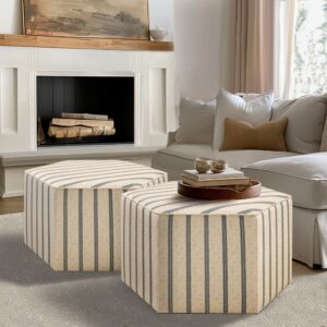 complete your living room decor with the Cocktail Ottoman. This hexagonal ottoman is upholstered in a natural-hued printed fabric for a unique transitional look. The solid and plywood frame provides strong and sturdy support.   At her country farmhouse