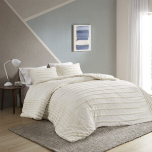 textural design. Two matching shams complement the comforter with horizontal chenille stripes